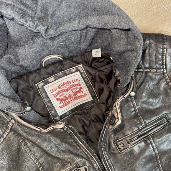 Levi Men's Brown Hooded Trucker Biker Jacket Lined 4 Pockets Stylish Sleek S - Picture 4 of 7